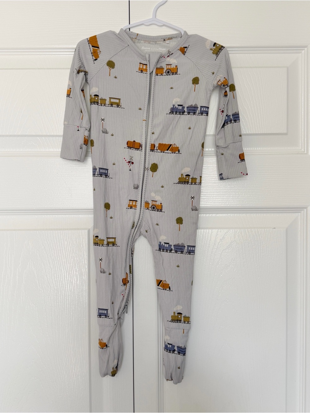 Brave Little Ones Gray Bamboo Ripped Zippy Trains 6-12M